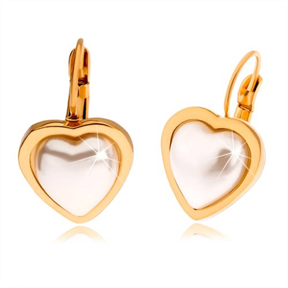 Šperky eshop Oceľové náušnice zlatej farby, perleťovo biely kamienok tvaru srdca