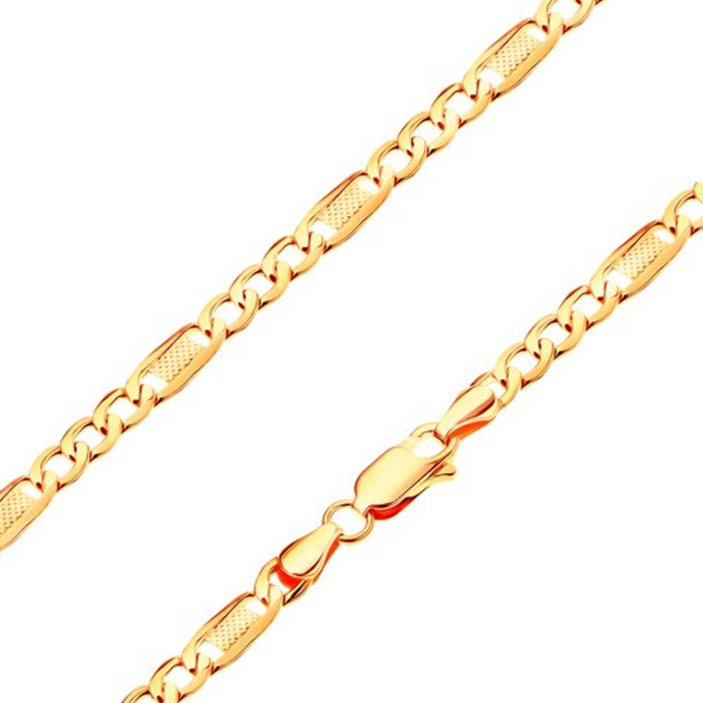 Šperky eshop Náramok zo žltého 14K zlata - tri oválne očká a článok s mriežkou, 180 mm