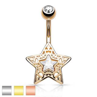 Oceľový piercing do bruška - vyrezávaná hviezdička s ligotavým zirkónom uprostred - Farba piercing: Medená