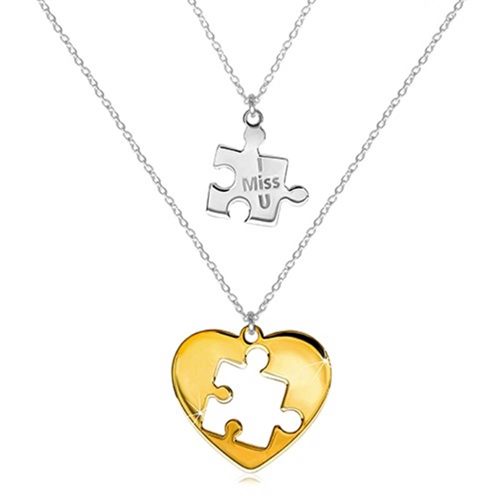 Šperky eshop Dvojset zo striebra 925 - dva náhrdelníky, puzzle s nápisom, srdce s vyrezaným puzzle uprostred