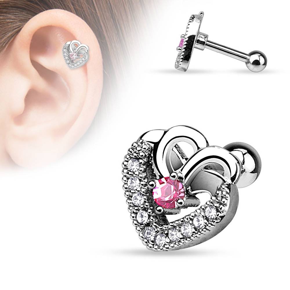 Šperky eshop Piercing do tragusu z ocele 316L - srdce, ružový zirkón, číre zirkóny, ródiovaný