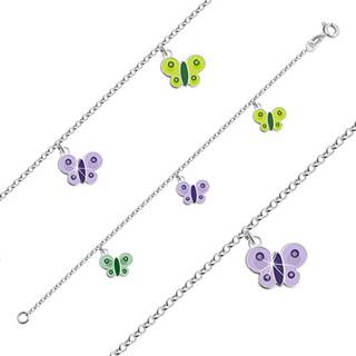 Strieborný náramok 925 pre deti - motýliky so zelenou a fialovou glazúrou