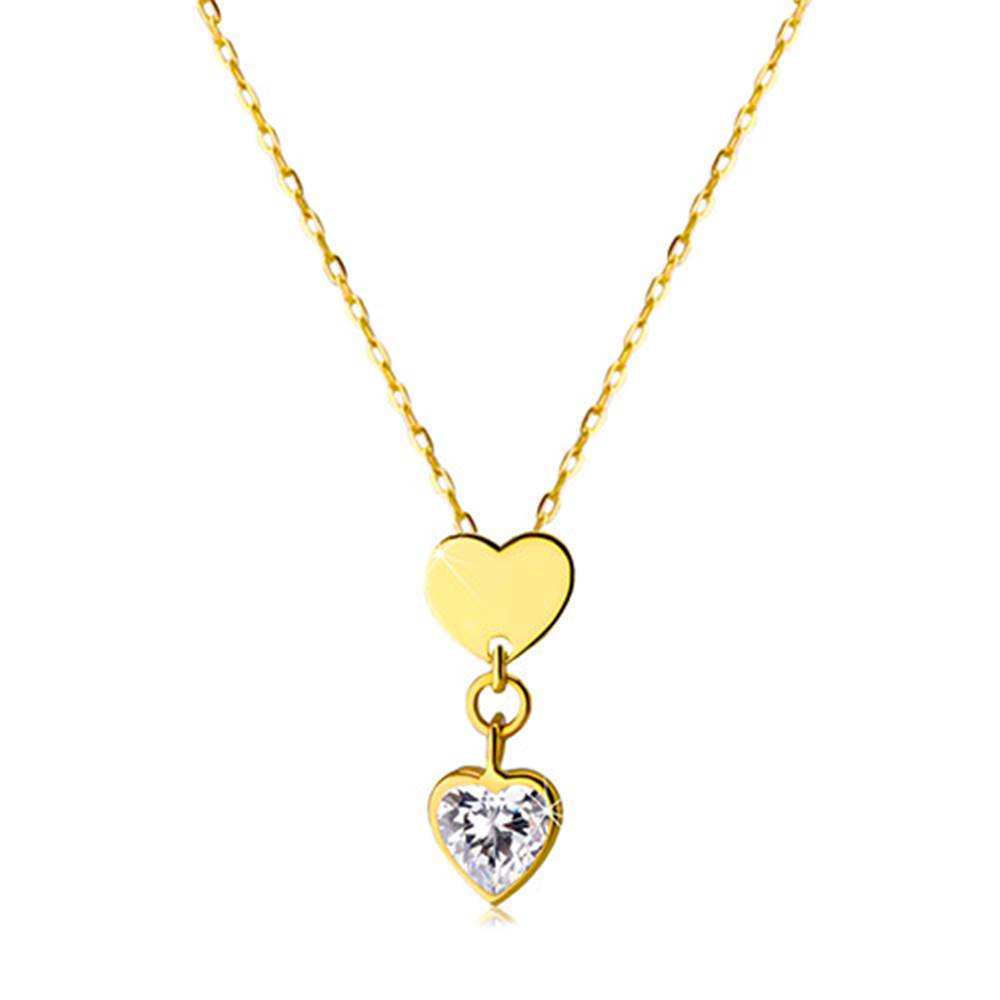 Šperky eshop Náhrdelník v žltom 14K zlate - lesklé symetrické srdiečko a číre zirkónové srdiečko