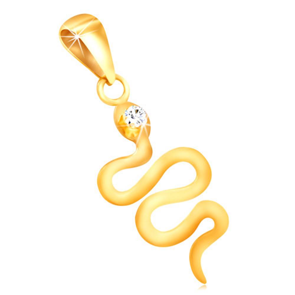 Šperky eshop Prívesok zo žltého 14K zlata - zvlnený lesklý hadík, číry okrúhly zirkón