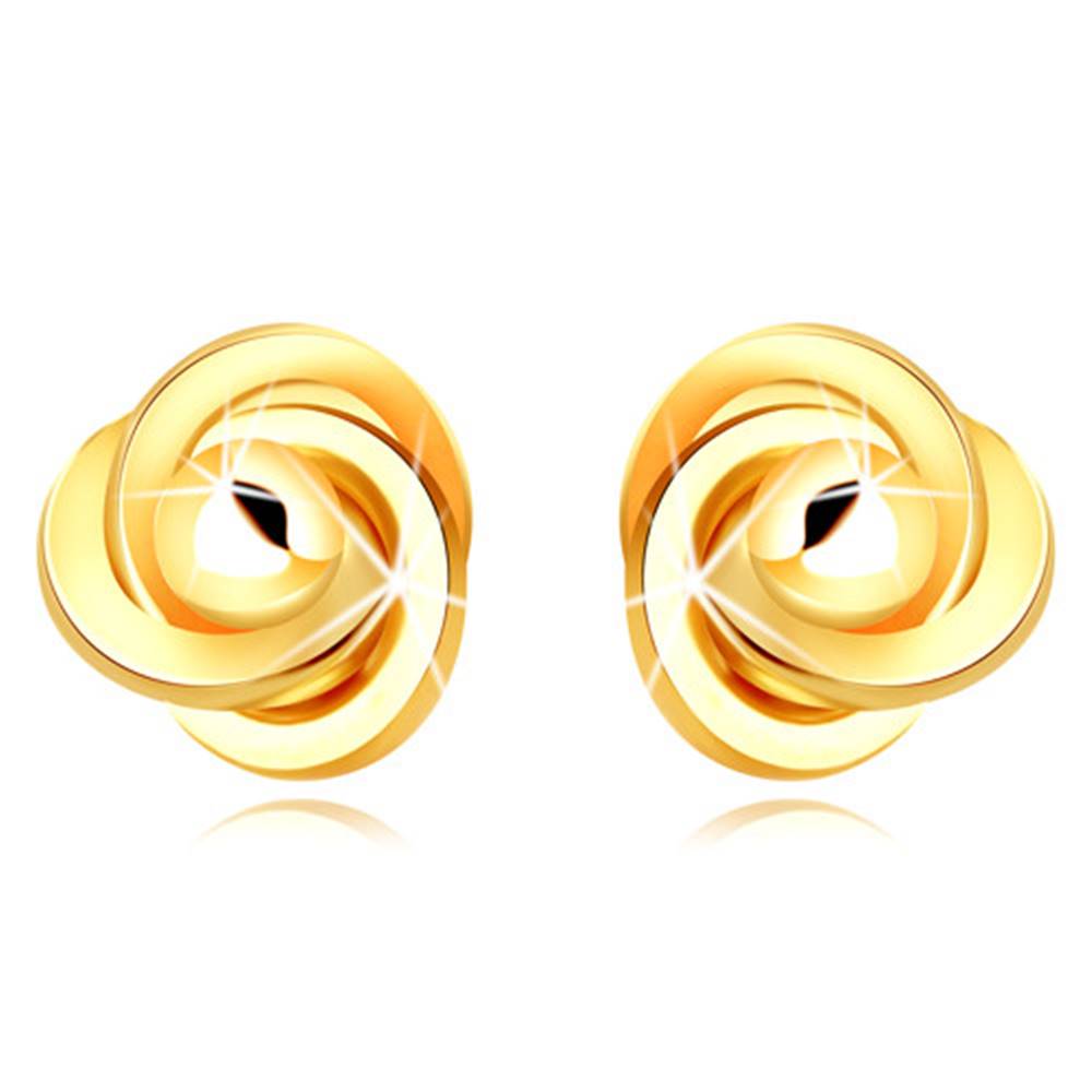 Šperky eshop Zlaté 9K náušnice - tri prepletené prstence s hladkou guľôčkou, puzetky