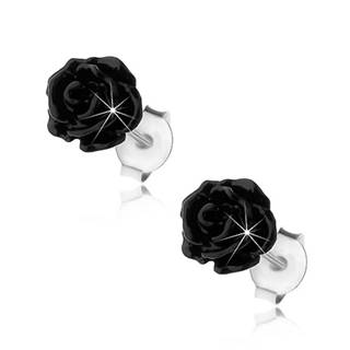 Strieborné náušnice 925, lesklá rozkvitnutá ružička čiernej farby, puzetky