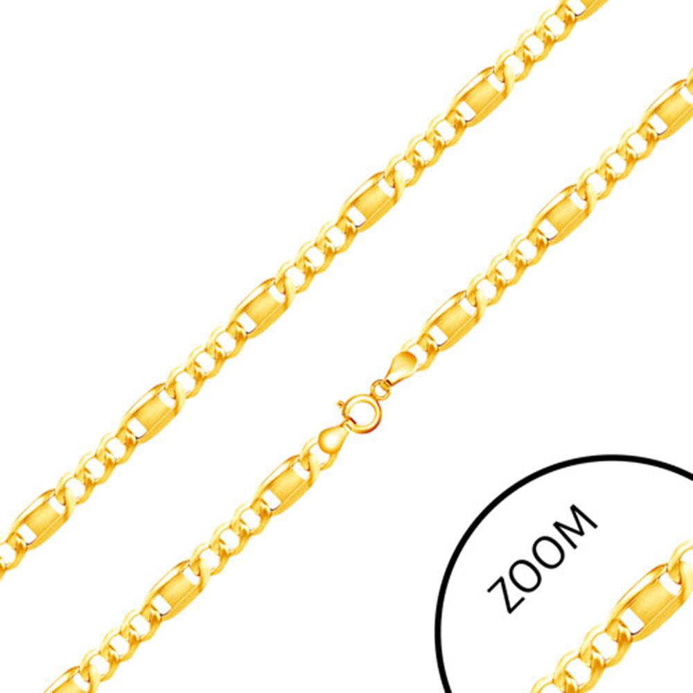 Šperky eshop Lesklá zlatá retiazka 585 - tri oválne očká, článok s obdĺžnikovou známkou, 450 mm