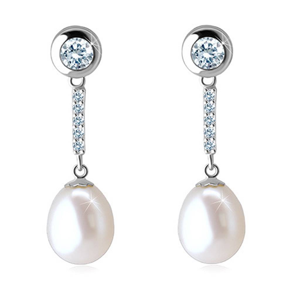 Šperky eshop Visiace zlaté 14K náušnice - biela perla, zirkónová línia a číry zirkón v lesklej objímke