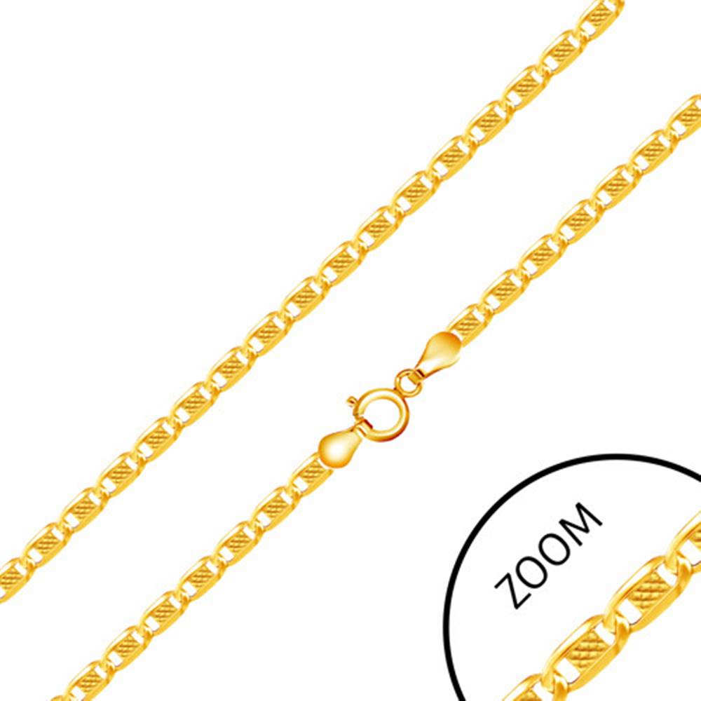 Šperky eshop Zlatá 585 retiazka - lesklé články zdobené obdĺžnikom s mriežkou, 500 mm