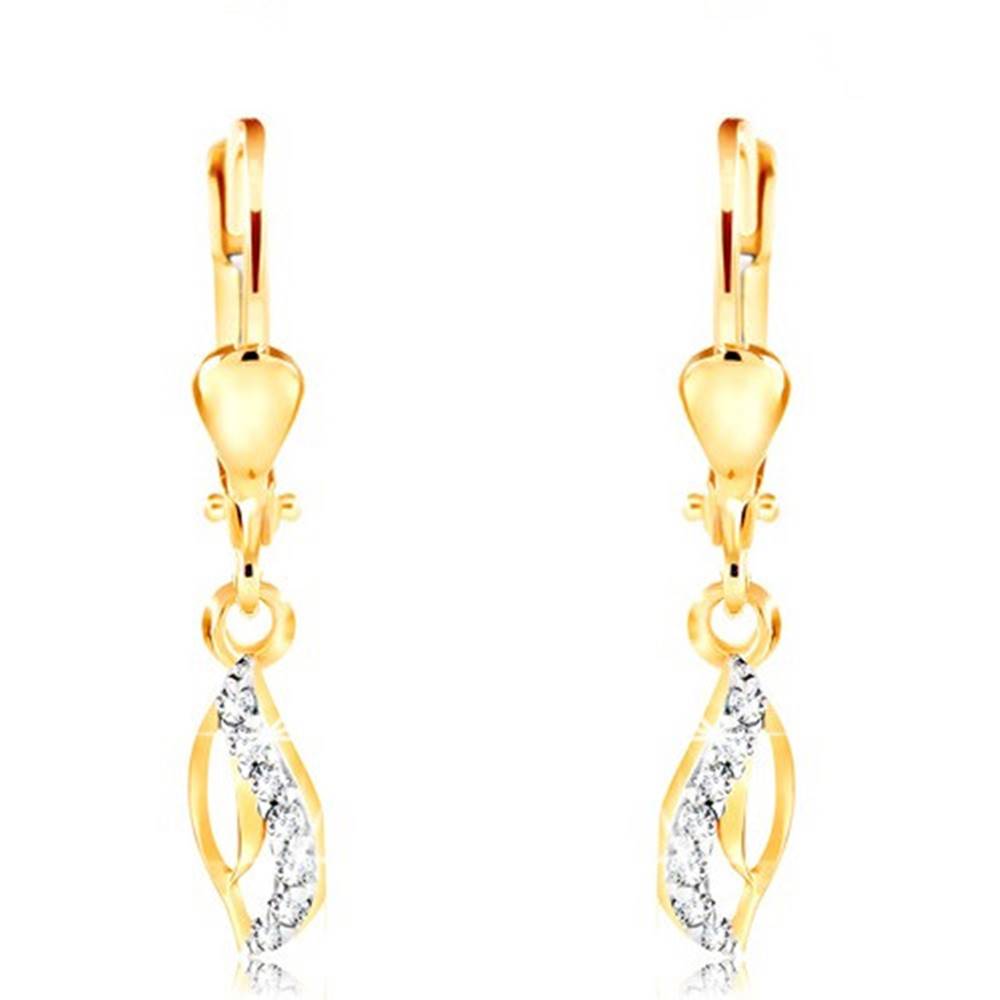 Šperky eshop Zlaté 14K náušnice - tenký obrys slzy, zvlnená číra zirkónová línia