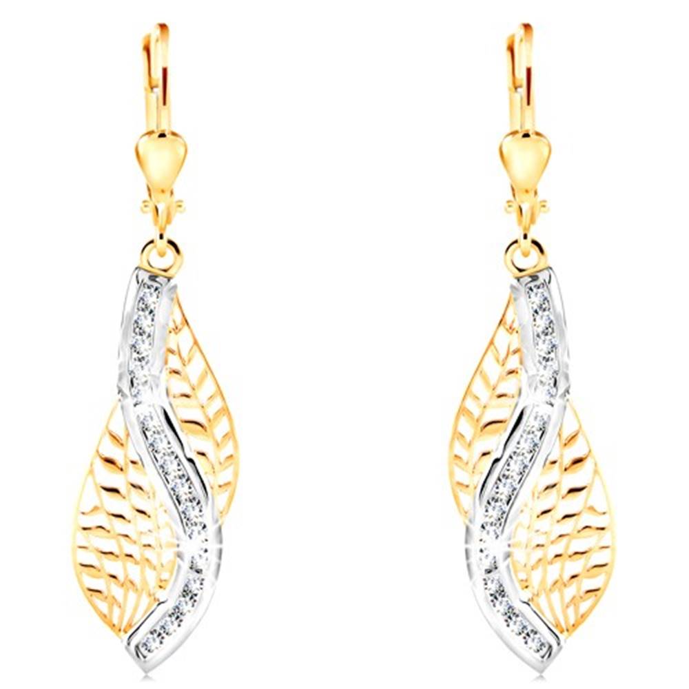 Šperky eshop Zlaté 14K náušnice - vyrezávaný list s vlnkou z bieleho zlata a čírych zirkónov