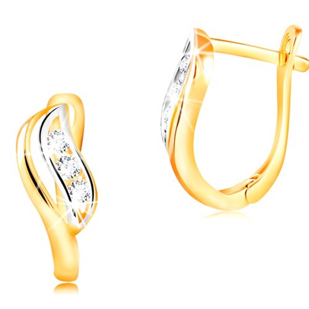 Šperky eshop Zlaté náušnice 14K - dvojfarebný lístok zdobený výrezom a čírymi zirkónmi