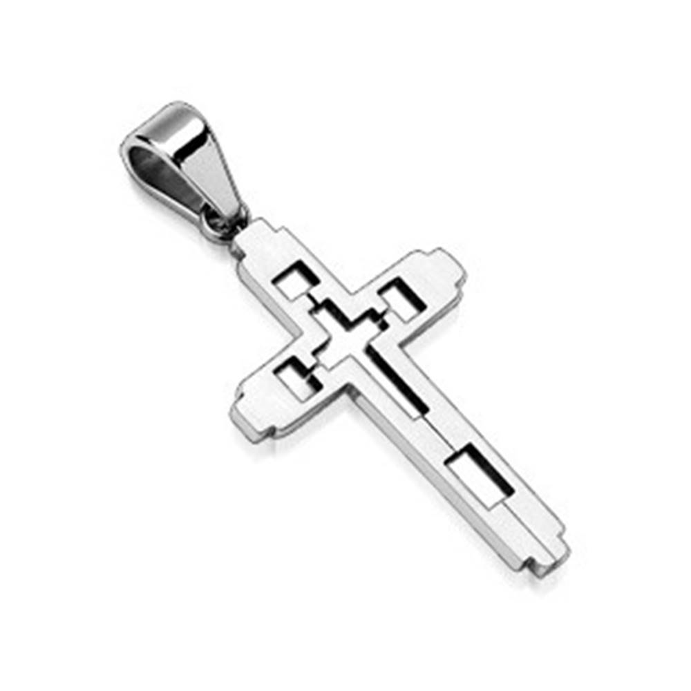 Šperky eshop Oceľový prívesok - kríž s vyrezávaným krížikom uprostred