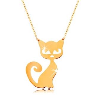 Zlatý 14K náhrdelník - plochý prívesok - mačička, jemná ligotavá retiazka