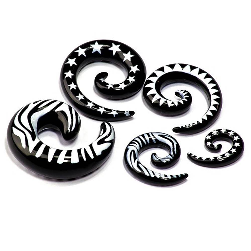Šperky eshop Expander do ucha - tvar čierny slimáčik, biely vzor - Hrúbka: 3 mm, Tvar hlavičky: Zebra