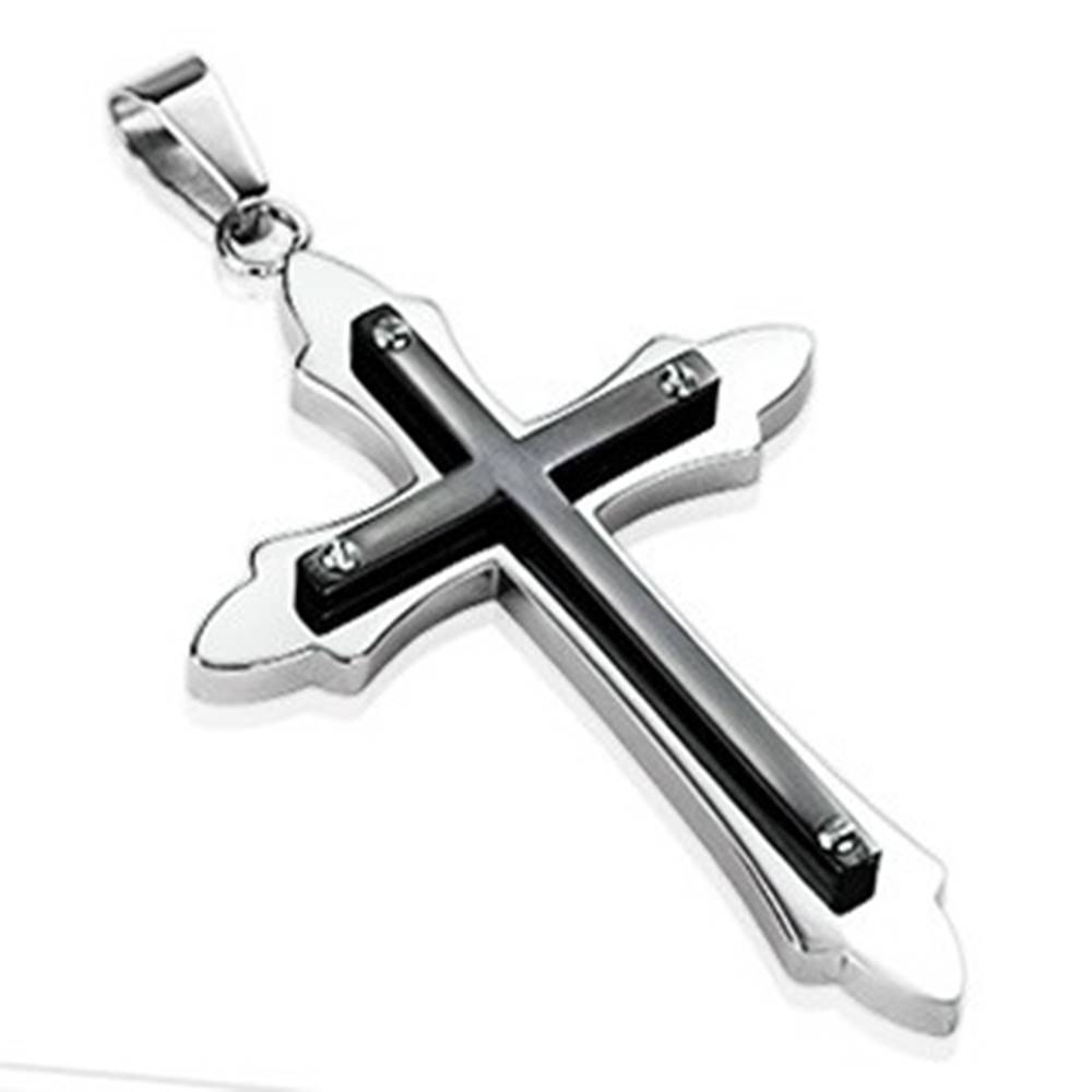 Šperky eshop Oceľový prívesok - ozdobný lesklý kríž s úzkym čiernym krížikom