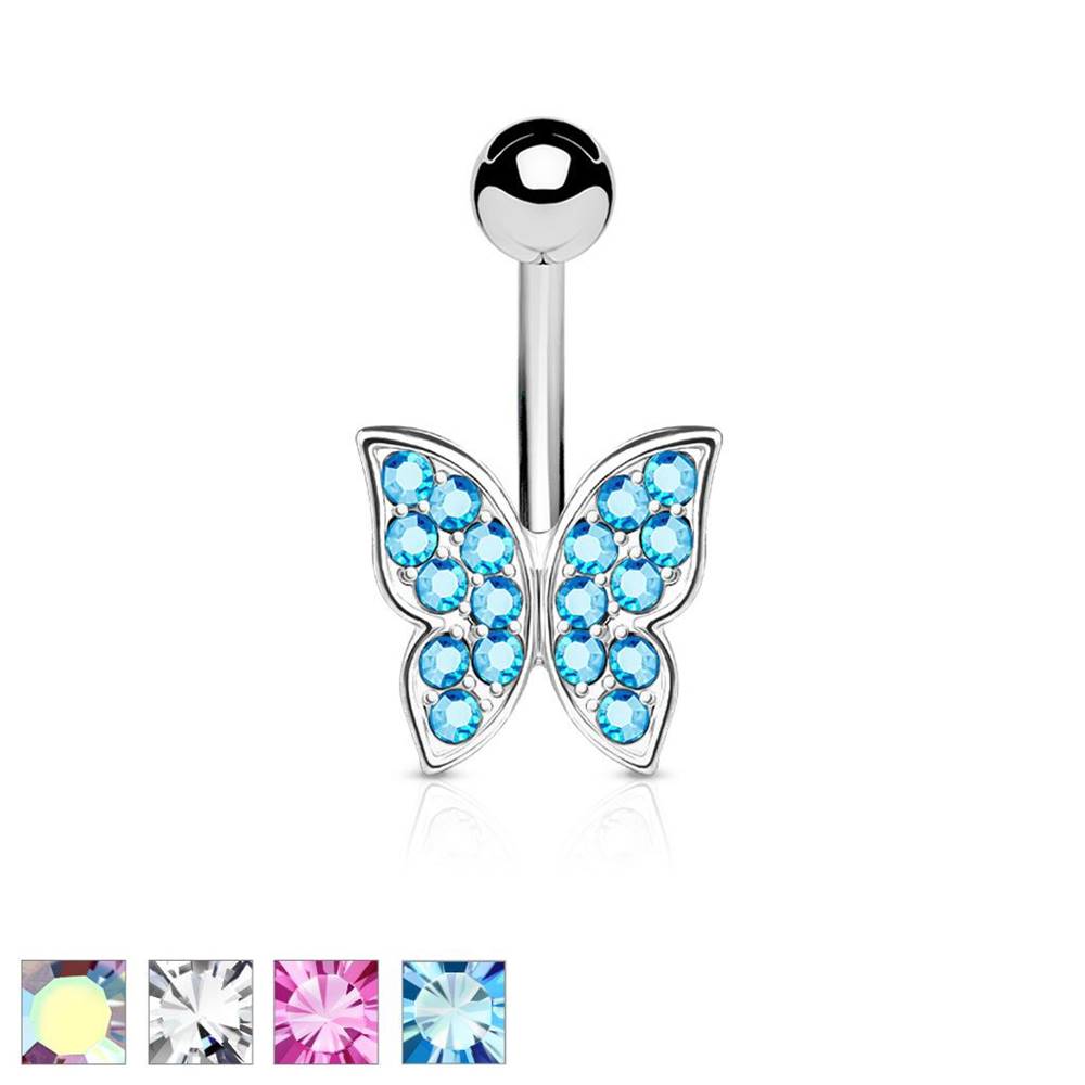 Šperky eshop Piercing do bruška z chirurgickej ocele, trblietavý zirkónový motýlik - Farba zirkónu: Aqua modrá - Q