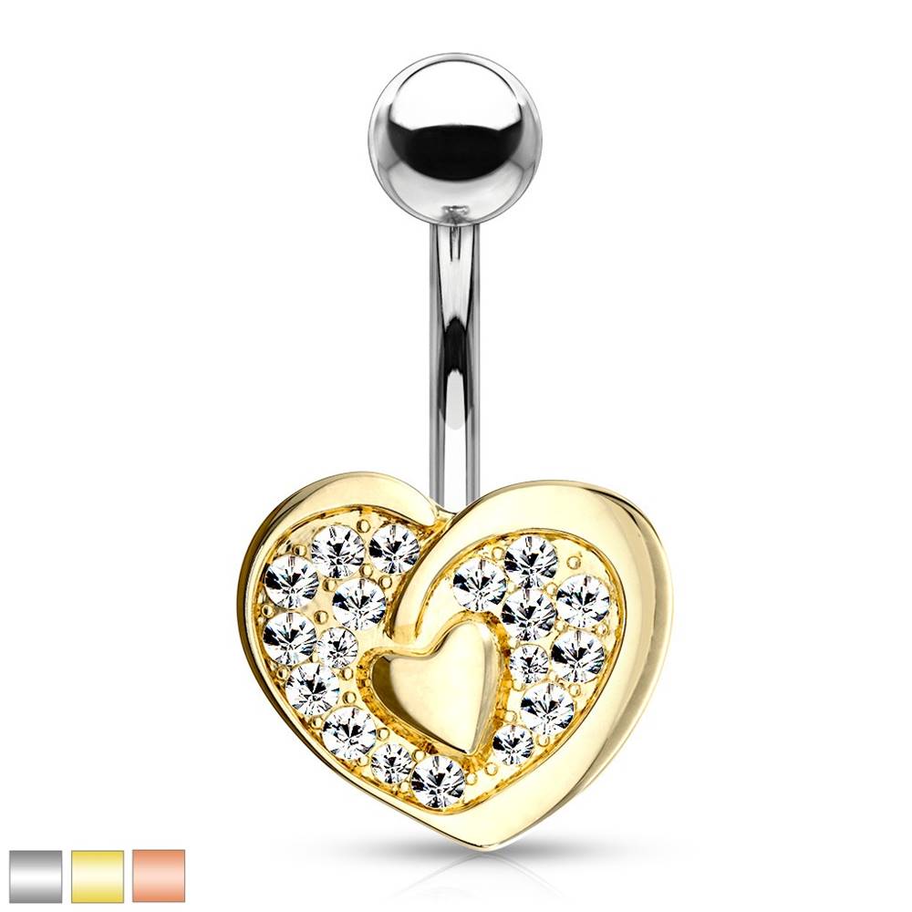Šperky eshop Piercing do pupka z ocele 316L - kontúra srdca so srdiečkom uprostred, žiarivé zirkóny - Farba piercing: Ružová Zlatá