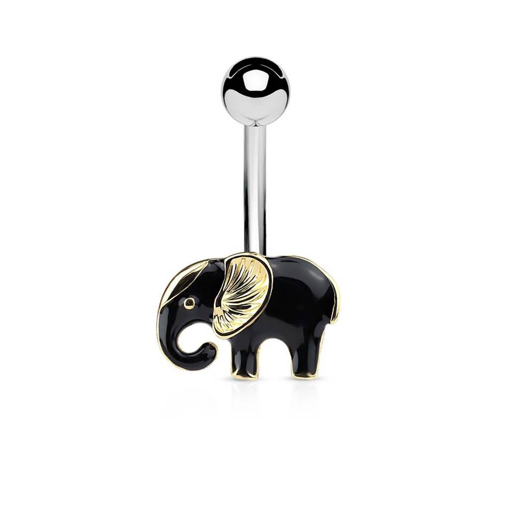 Šperky eshop Piercing do pupku z chirurgickej ocele, sloník v čierno-zlatej farebnej kombinácii