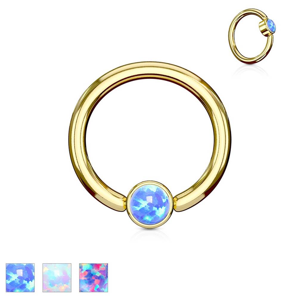 Šperky eshop Piercing z ocele 316L, lesklý krúžok zlatej farby so syntetickým opálom - Hrúbka x priemer x veľkosť guličky: 1,2 x 8 x 3 mm, Farba: Fialová